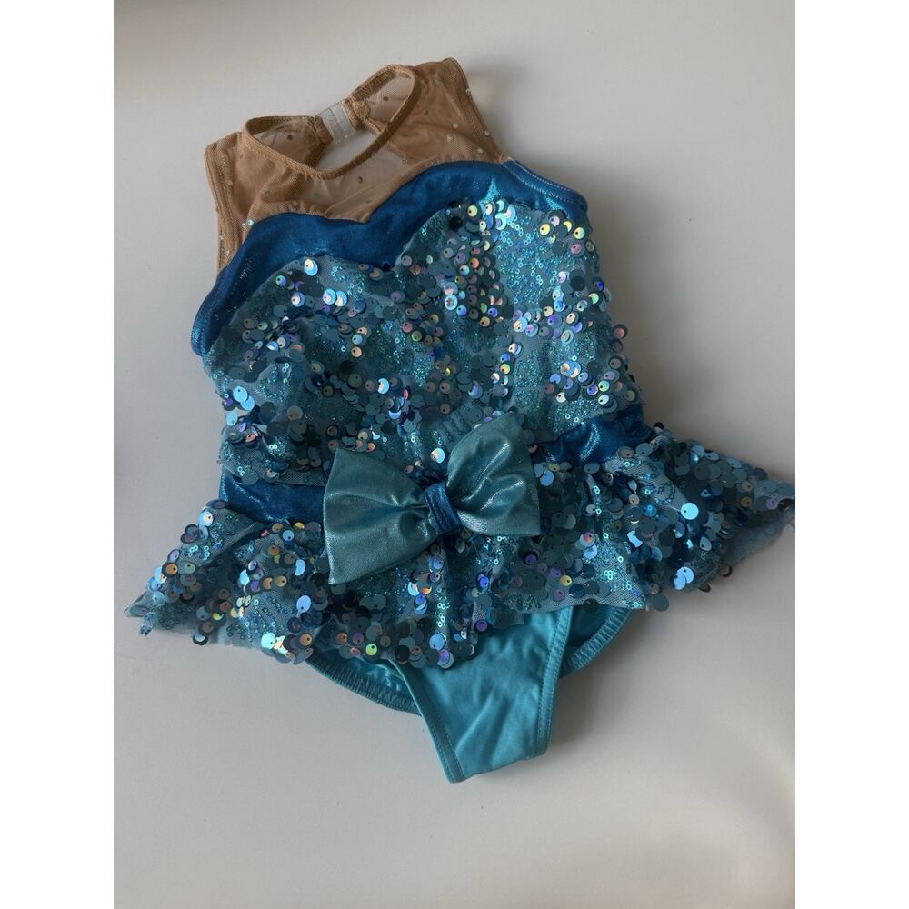 A Wish Come True Girls Blue Sequin Dance Leotard Costume Size SC with Bow